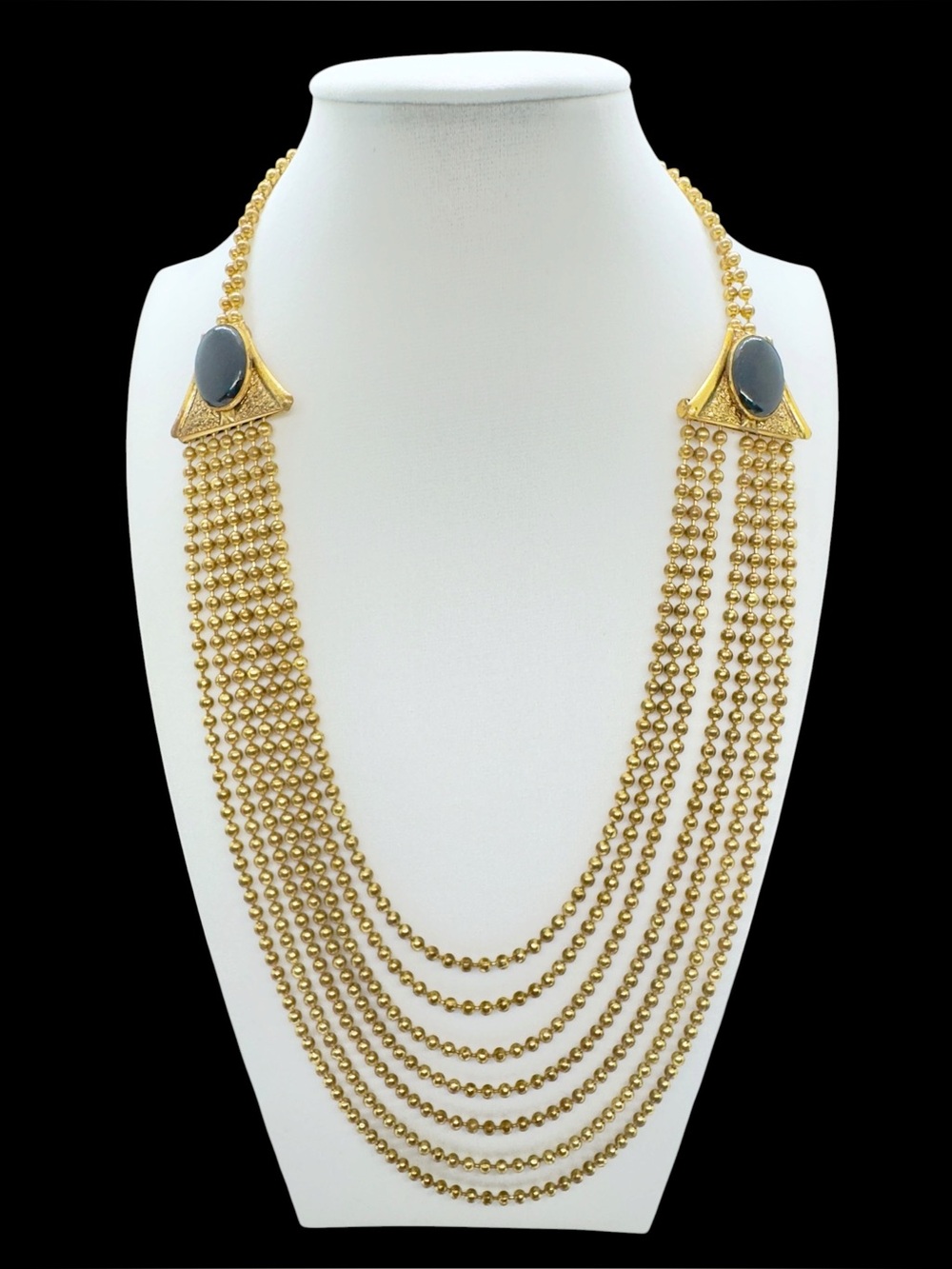 Vintage Art Deco Black Glass & Gold Plated Over Brass Bead Necklace